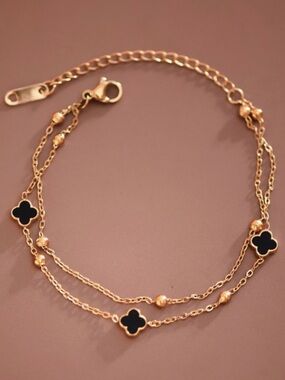 348. 18k Gold Plated Stainless steel Double Strand Clover bracelet black Accents